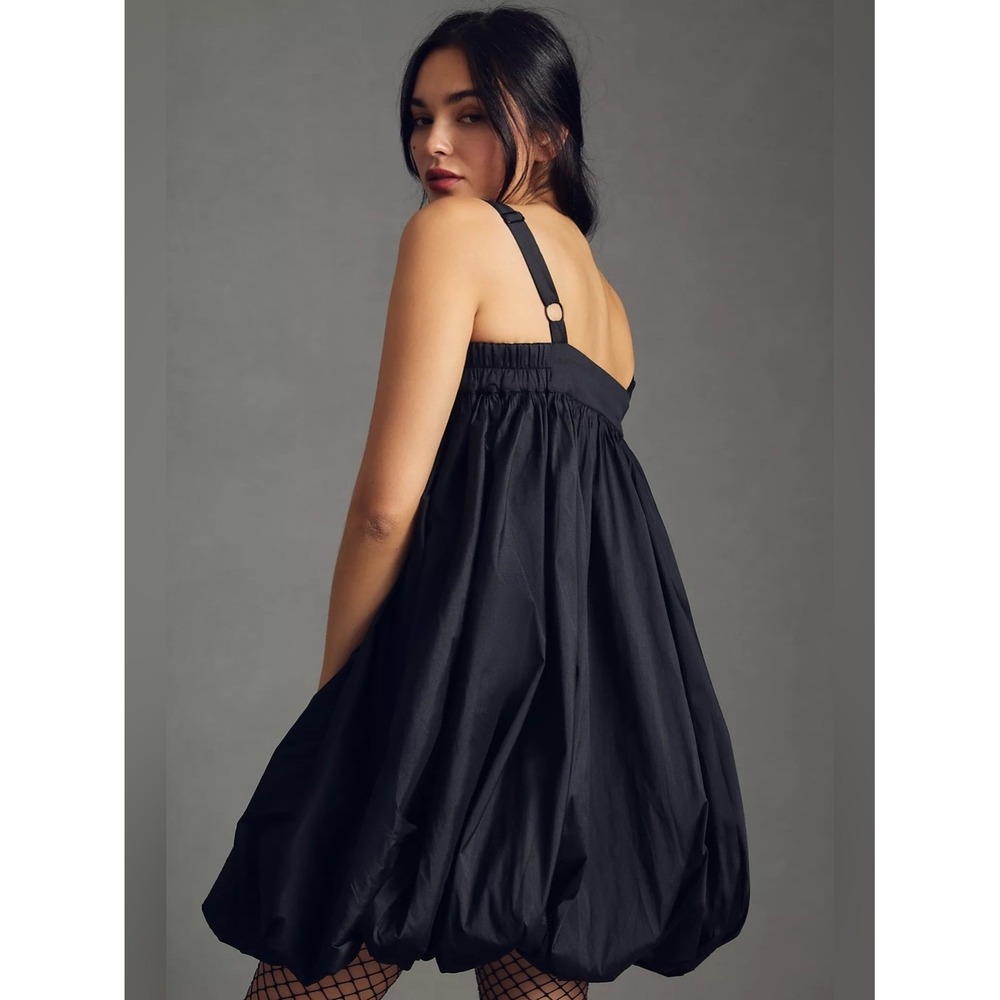 BLONI Anthropologie Black Taffeta Square Neck Bubble Mini Dress S High Fashion - Picture 3 of 14